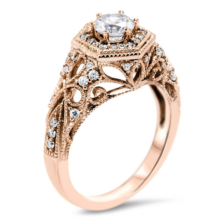 Hexagon Halo Vintage Inspired Engagement Ring - Milan - Moissanite Rings