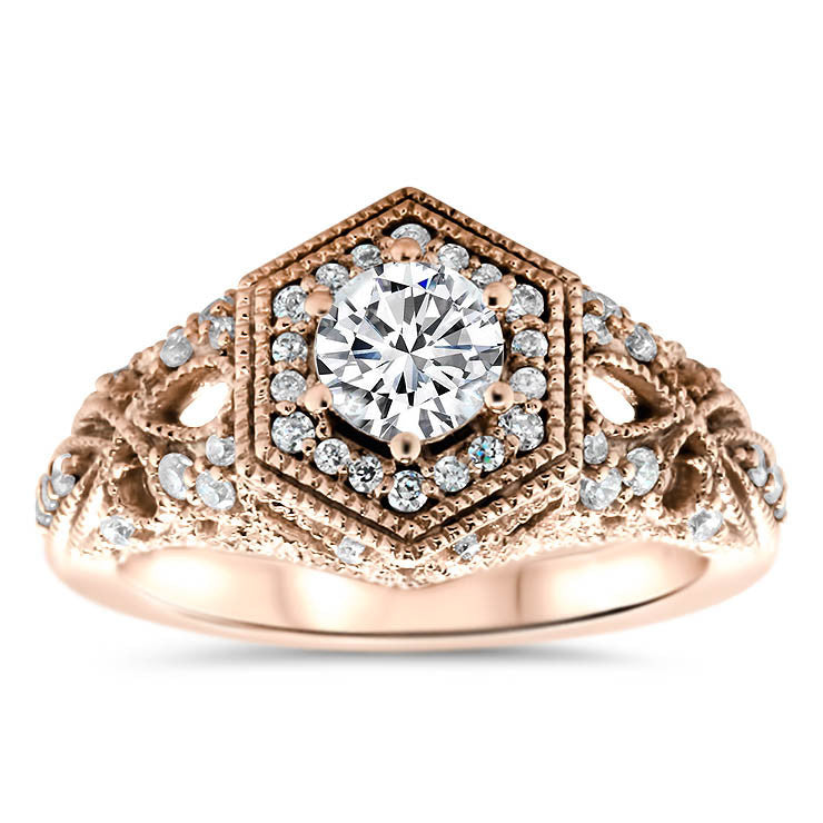 Hexagon Halo Vintage Inspired Engagement Ring - Milan - Moissanite Rings
