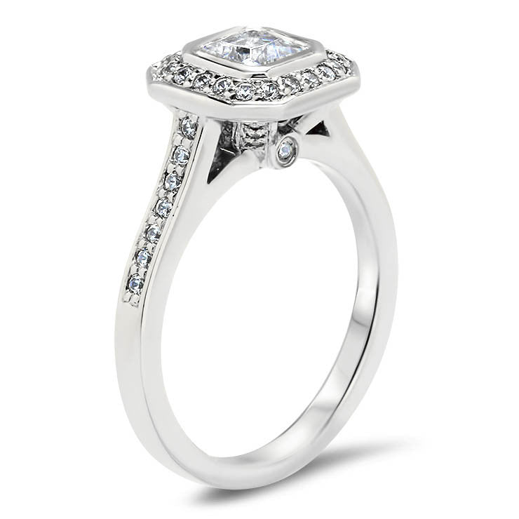 Bezel Set Princess Cut Diamond Halo Moissanite Engagement Ring - Janice - Moissanite Rings