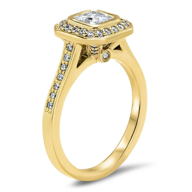 Bezel Set Princess Cut Diamond Halo Moissanite Engagement Ring - Janice - Moissanite Rings