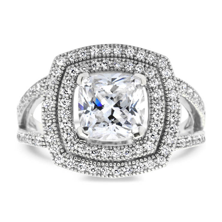 Split Shank Cushion Cut Double Diamond Halo Moissanite Engagement Ring - Ilona - Moissanite Rings