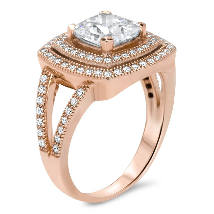 Split Shank Cushion Cut Double Diamond Halo Moissanite Engagement Ring - Ilona - Moissanite Rings