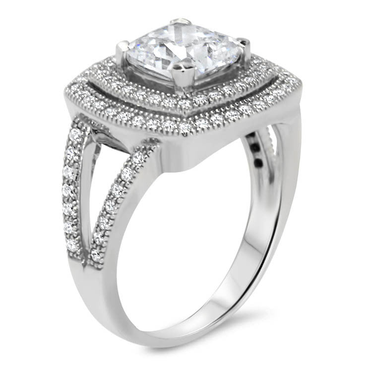 Split Shank Cushion Cut Double Diamond Halo Moissanite Engagement Ring - Ilona - Moissanite Rings