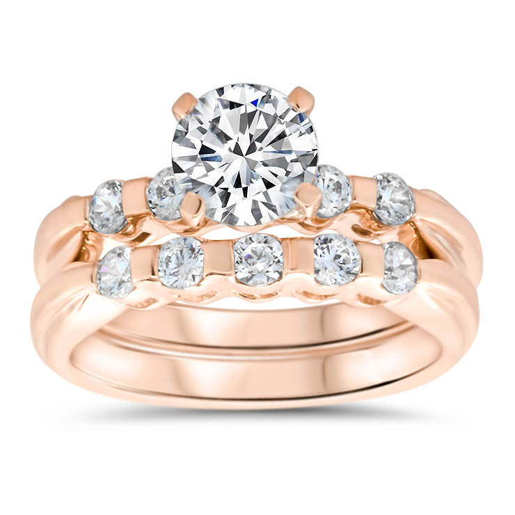 Bar Set Diamond Wedding Set Engagement Ring and Band - Evie Set - Moissanite Rings