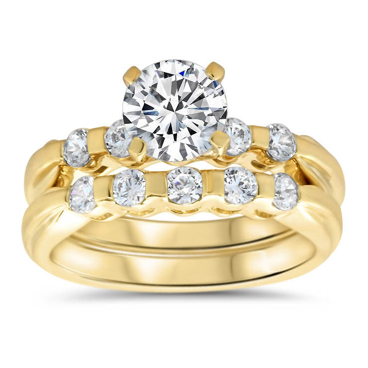 Bar Set Diamond Wedding Set Engagement Ring and Band - Evie Set - Moissanite Rings