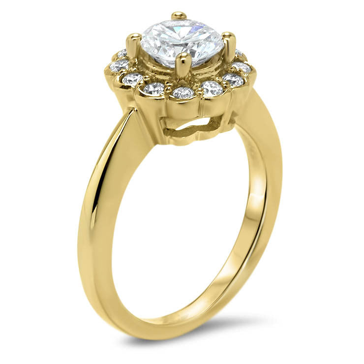 Floral Style Bezel Set Diamond Halo Moissanite Center Engagement Ring - Iris - Moissanite Rings