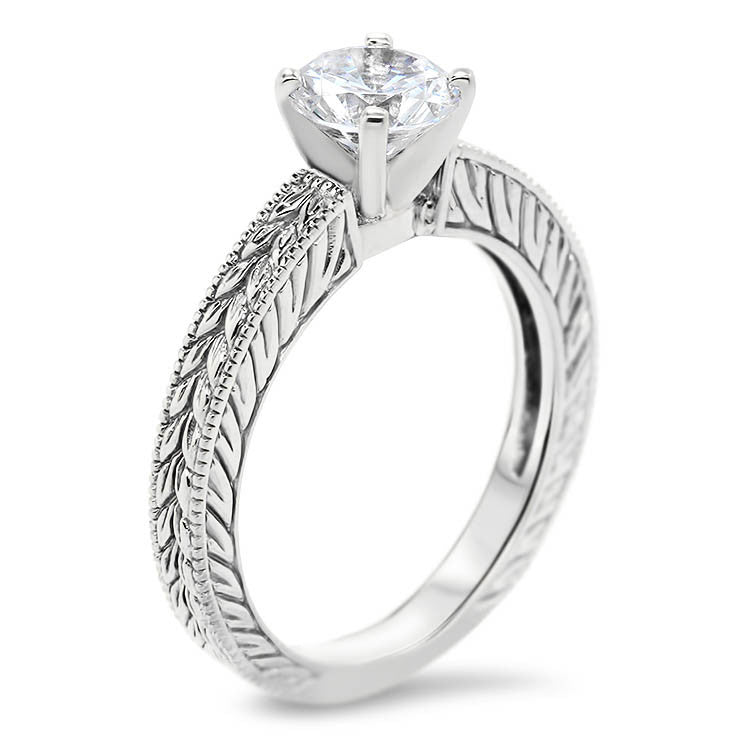 Hand Carved Vintage Style Moissanite Solitaire - Carved Solitaire - Moissanite Rings