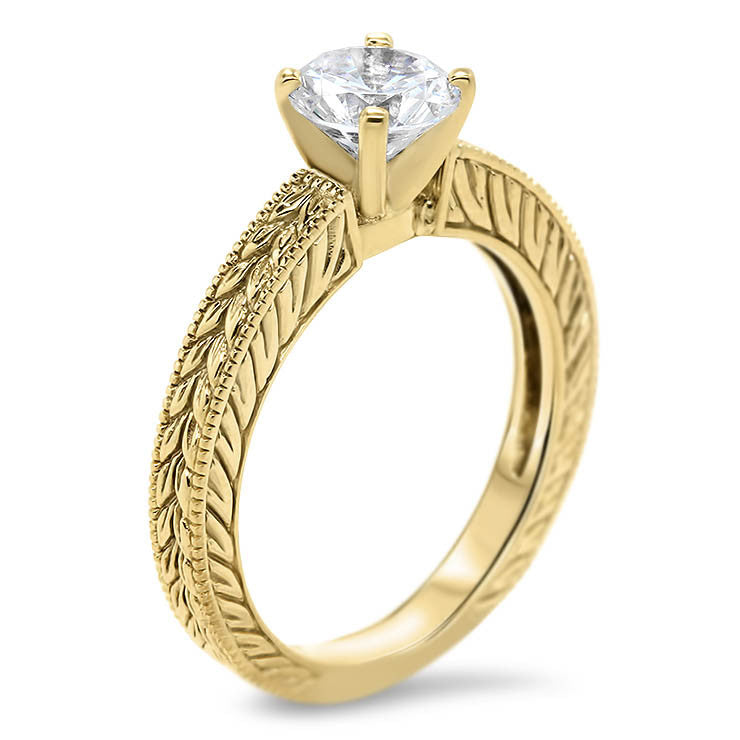 Hand Carved Vintage Style Moissanite Solitaire - Carved Solitaire - Moissanite Rings