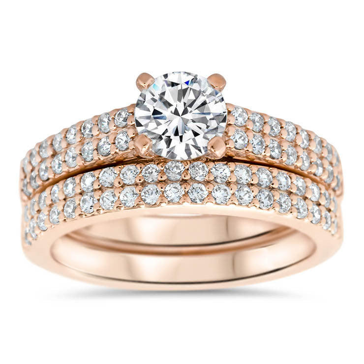 Double Row Diamond Wedding Set Engagemnt Ring and Matching Band - Doll Set - Moissanite Rings