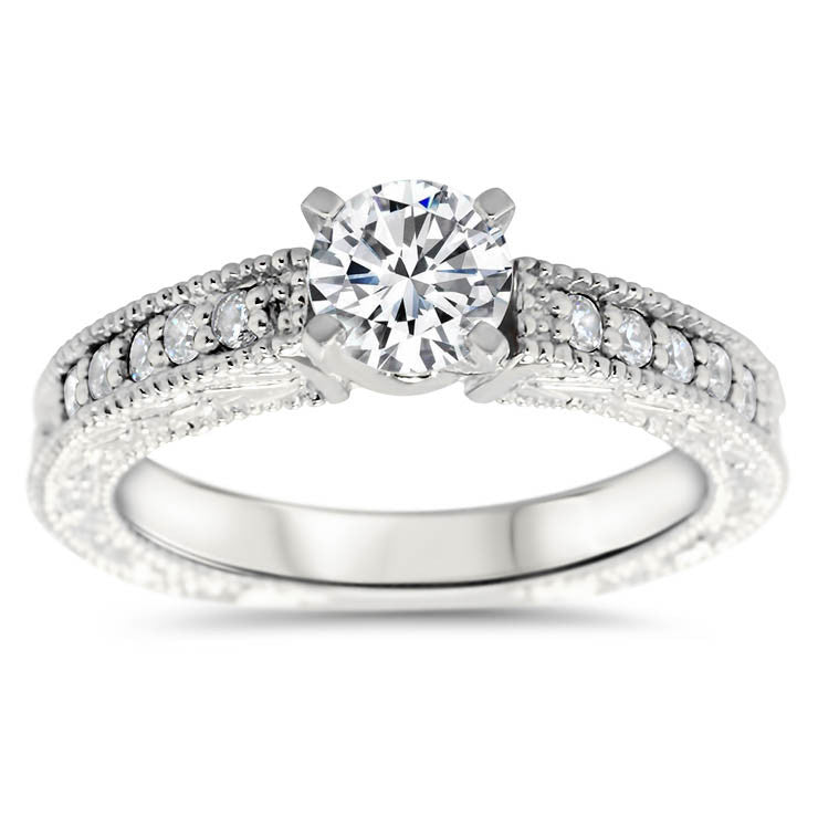 Vintage Inspired Weddign Set Engagement Ring and Wedding Band - Founded Wedding Set - Moissanite Rings