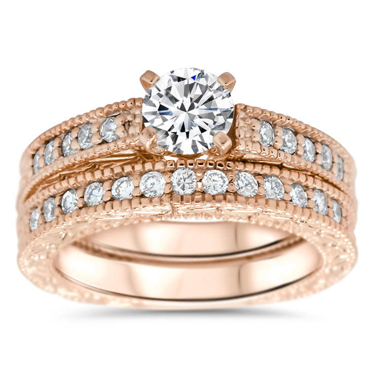 Vintage Inspired Weddign Set Engagement Ring and Wedding Band - Founded Wedding Set - Moissanite Rings