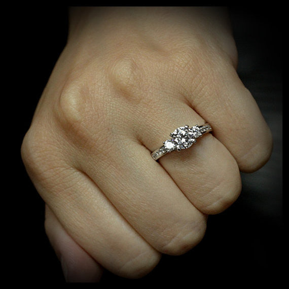 Three Stone Engagement Ring Channel Set Accents - Camille - Moissanite Rings