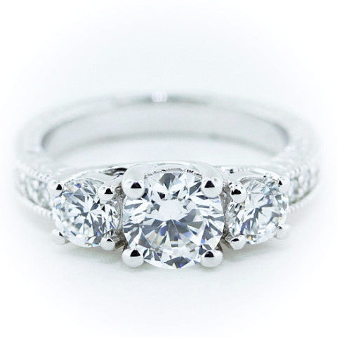 Three Stone Engagement Ring Moissanite Center and Side Stones Diamond Setting - Honestly - Moissanite Rings