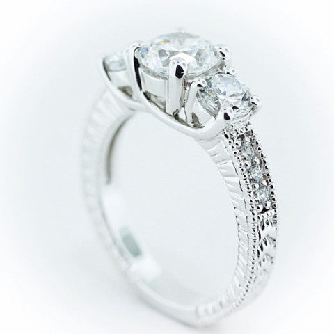 Three Stone Engagement Ring Moissanite Center and Side Stones Diamond Setting - Honestly - Moissanite Rings