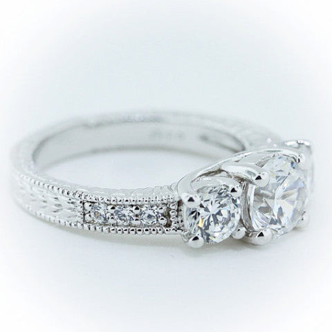 Three Stone Engagement Ring Moissanite Center and Side Stones Diamond Setting - Honestly - Moissanite Rings