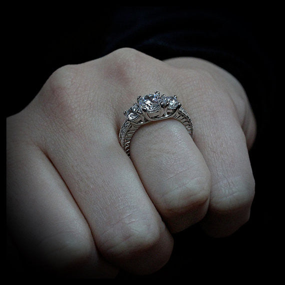 Three Stone Engagement Ring Moissanite Center and Side Stones Diamond Setting - Honestly - Moissanite Rings