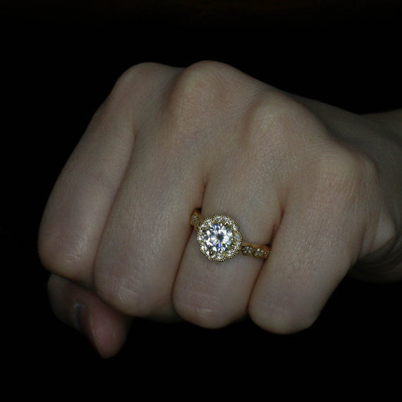 Yellow Gold Vintage Style Moissanite Engagement Ring - Maria - Moissanite Rings