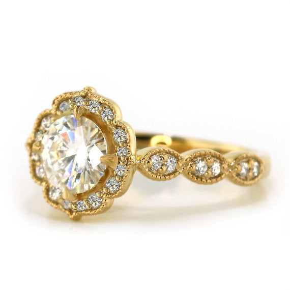 Yellow Gold Vintage Style Moissanite Engagement Ring - Maria - Moissanite Rings