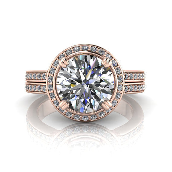 Rose Gold Diamond Halo 8 mm Moissanite Engagement Ring - Sunrise - Moissanite Rings