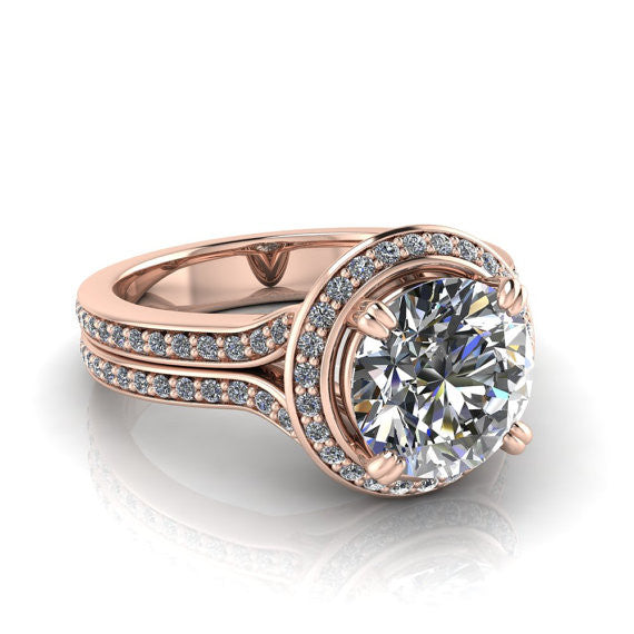 Rose Gold Diamond Halo 8 mm Moissanite Engagement Ring - Sunrise - Moissanite Rings