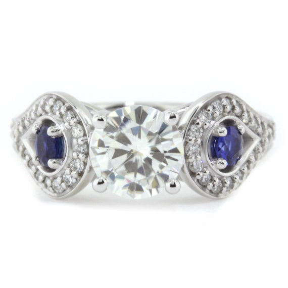 Blue Sapphire and Diamond Accented Moissanite Engagement Ring - Perfectly Paired - Moissanite Rings