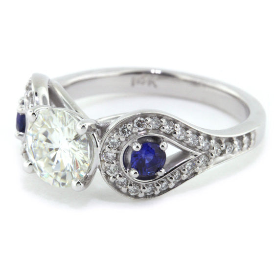 Blue Sapphire and Diamond Accented Moissanite Engagement Ring - Perfectly Paired - Moissanite Rings