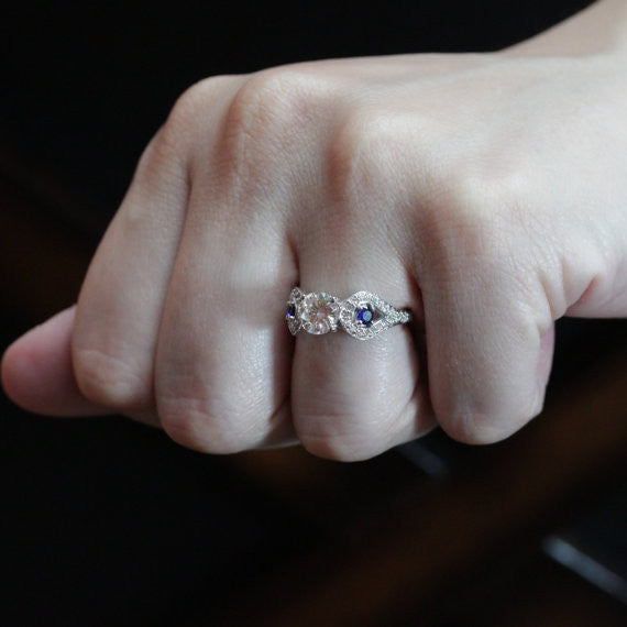 Blue Sapphire and Diamond Accented Moissanite Engagement Ring - Perfectly Paired - Moissanite Rings