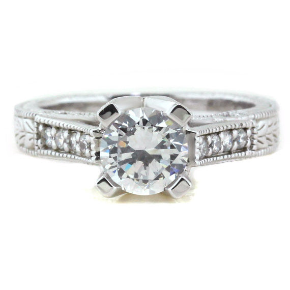 Engraved Engagement Ring - Royal Crown - Moissanite Rings