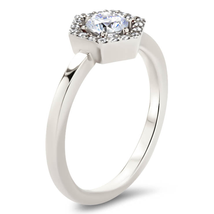 Hexagon Halo Diamond and Moissanite Engagement Ring Unique Ring - Harper - Moissanite Rings