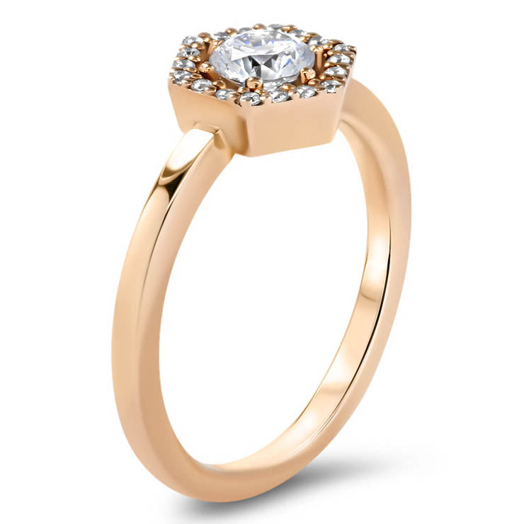 Hexagon Halo Diamond and Moissanite Engagement Ring Unique Ring - Harper - Moissanite Rings