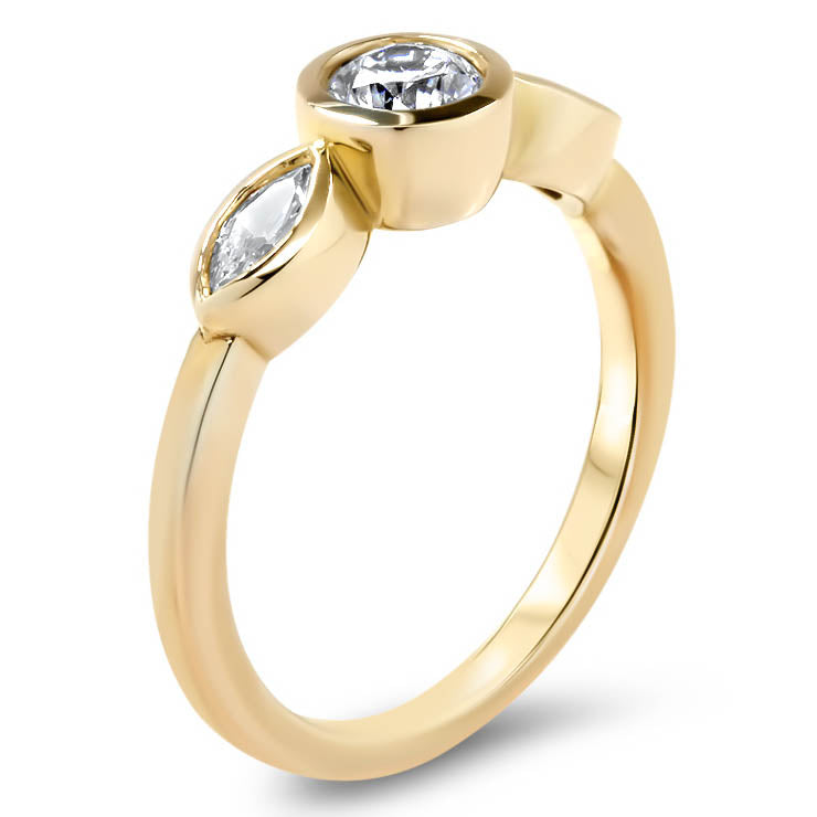 Dainty Three Stone Bezel Set Engagement Ring Diamond Marquise Side Stones Round Moissanite Center Stone Ring - Hazel - Moissanite Rings
