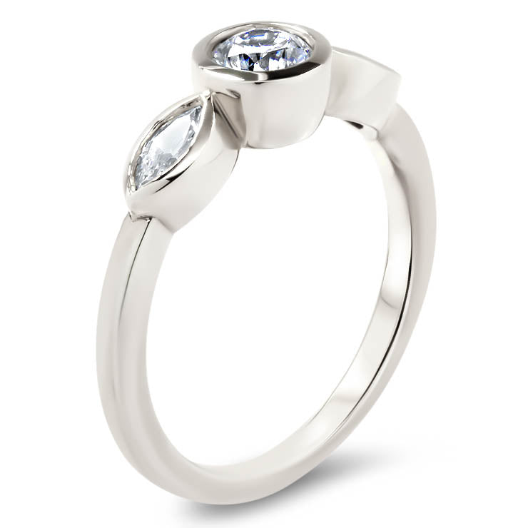Dainty Three Stone Bezel Set Engagement Ring Diamond Marquise Side Stones Round Moissanite Center Stone Ring - Hazel - Moissanite Rings