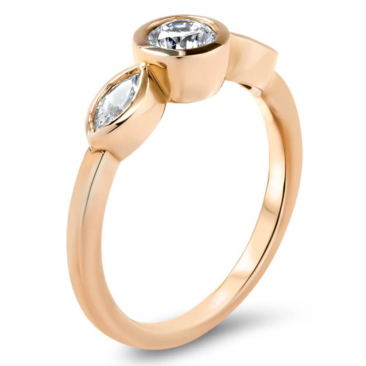 Dainty Three Stone Bezel Set Engagement Ring Diamond Marquise Side Stones Round Moissanite Center Stone Ring - Hazel - Moissanite Rings