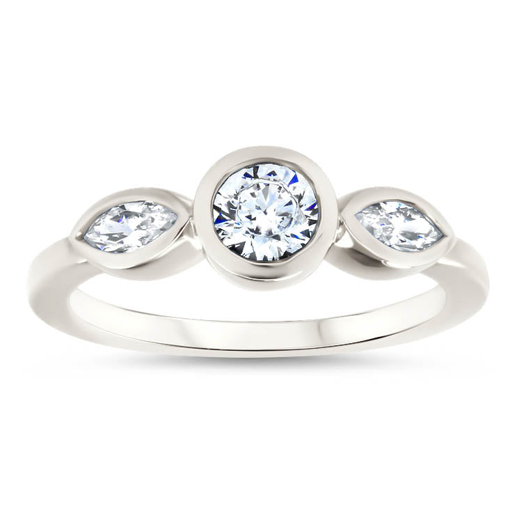 Dainty Three Stone Bezel Set Engagement Ring Diamond Marquise Side Stones Round Moissanite Center Stone Ring - Hazel - Moissanite Rings