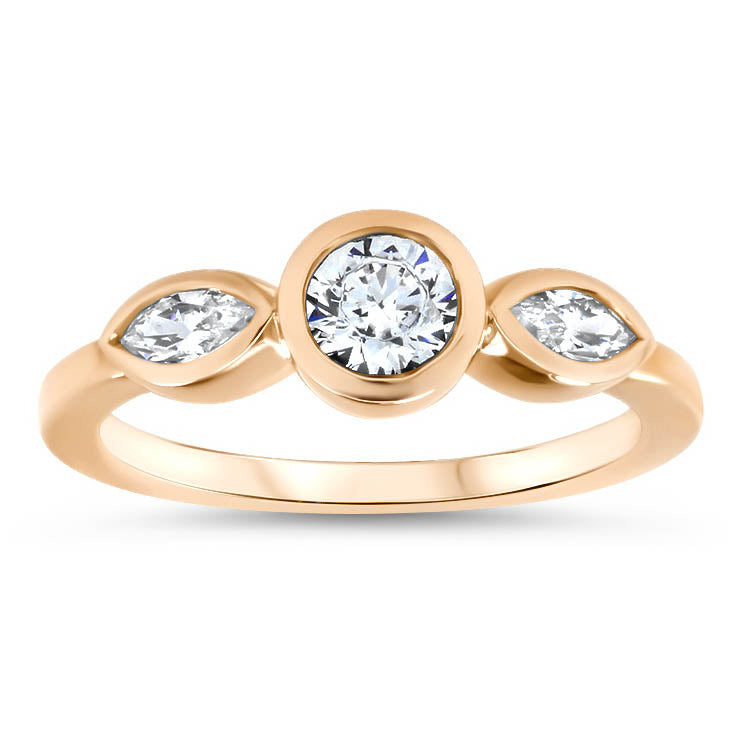 Dainty Three Stone Bezel Set Engagement Ring Diamond Marquise Side Stones Round Moissanite Center Stone Ring - Hazel - Moissanite Rings