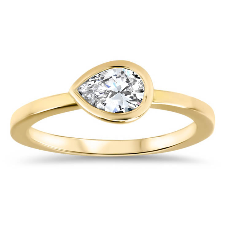 Bezel Set Solitaire Engagement Ring Pear Moissanite Ring Unique Style Thin Band - Naomi - Moissanite Rings