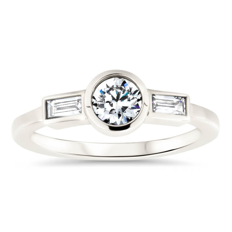 Diamond Baguette and Round Center Engagement Ring Moissanite Diamond Thin Band Ring - Claire - Moissanite Rings