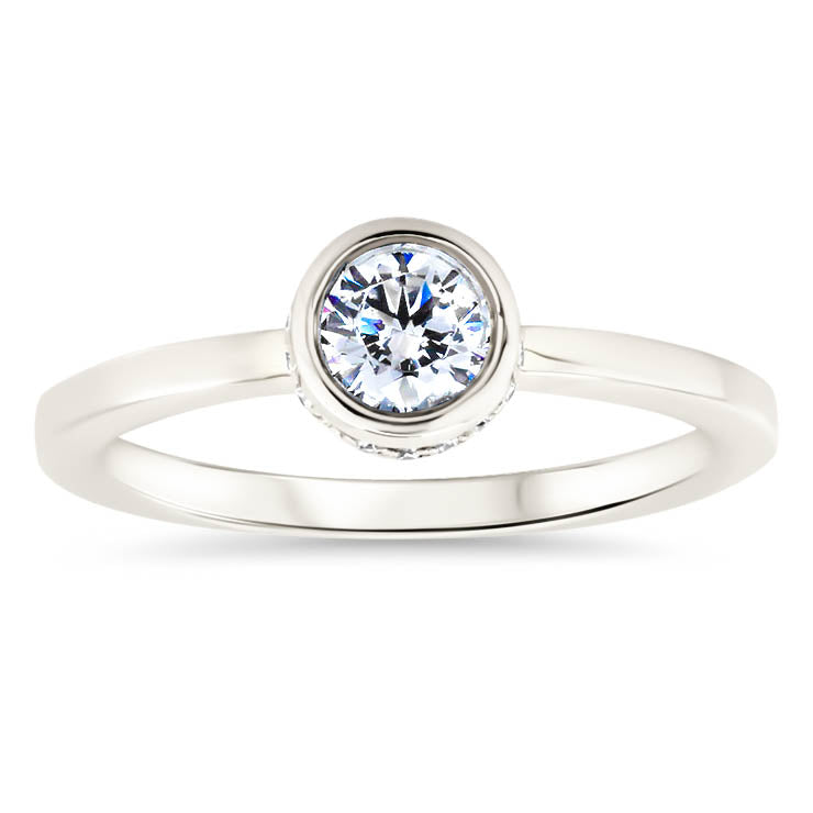 Hidden Halo Engagement Ring Bezel Set Moissanite Center Stone Thin Band Solitaire Ring - Alexa - Moissanite Rings