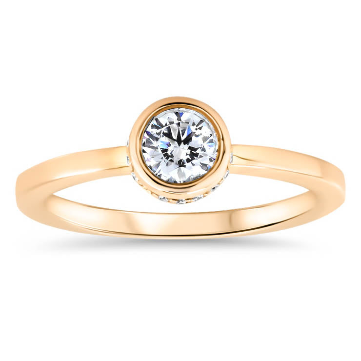 Hidden Halo Engagement Ring Bezel Set Moissanite Center Stone Thin Band Solitaire Ring - Alexa - Moissanite Rings