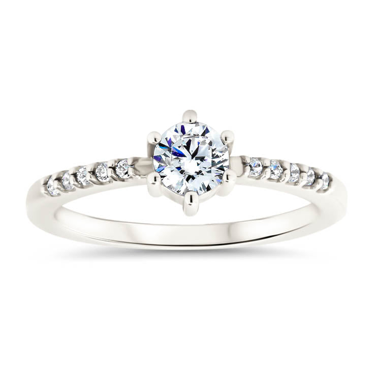 Thin Diamond Band Engagement Ring Six Prong Petite Moissanite Center Stone - Sara - Moissanite Rings