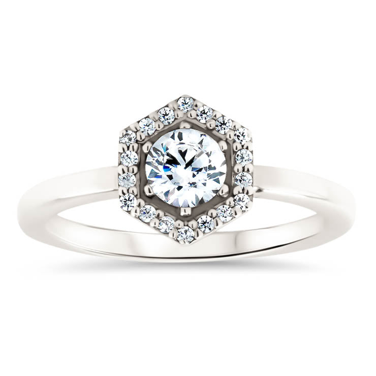 Hexagon Halo Diamond and Moissanite Engagement Ring Unique Ring - Harper - Moissanite Rings