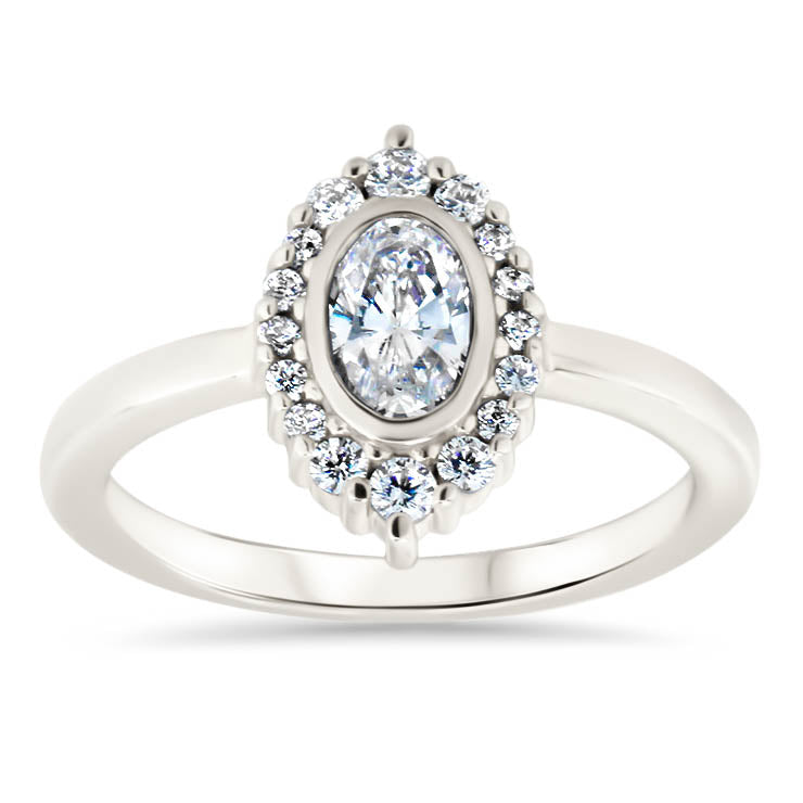 Diamond Halo Oval Moissanite Engagement Ring Bezel Ring Thin Band Ring - Sophia - Moissanite Rings