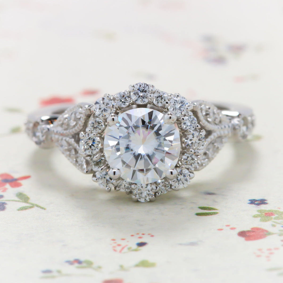Vintage Floral Style Halo Diamond and Moissanite Engagement Ring - Lilly - Moissanite Rings