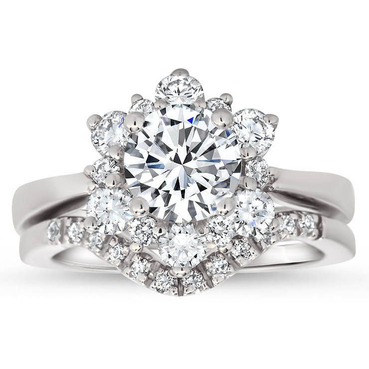 Snowflake Style Engagement Ring Plain Band Diamond Halo Matching Diamond Wedding Band - Snowflake II Set - Moissanite Rings