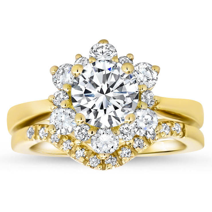 Snowflake Style Engagement Ring Plain Band Diamond Halo Matching Diamond Wedding Band - Snowflake II Set - Moissanite Rings