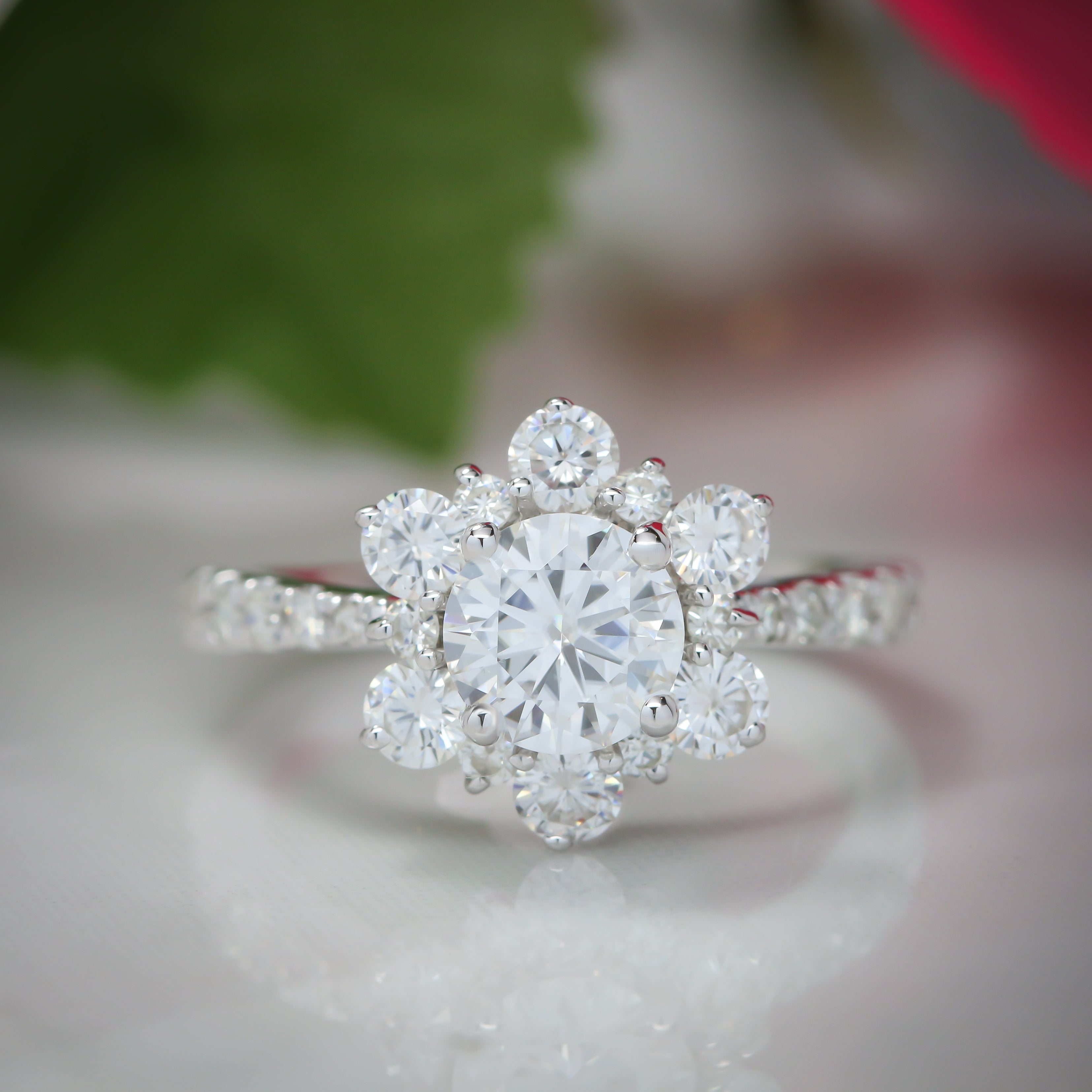 Snowflake Inspired Diamond Halo Moissanite Engagement Ring - Snowflake - Moissanite Rings