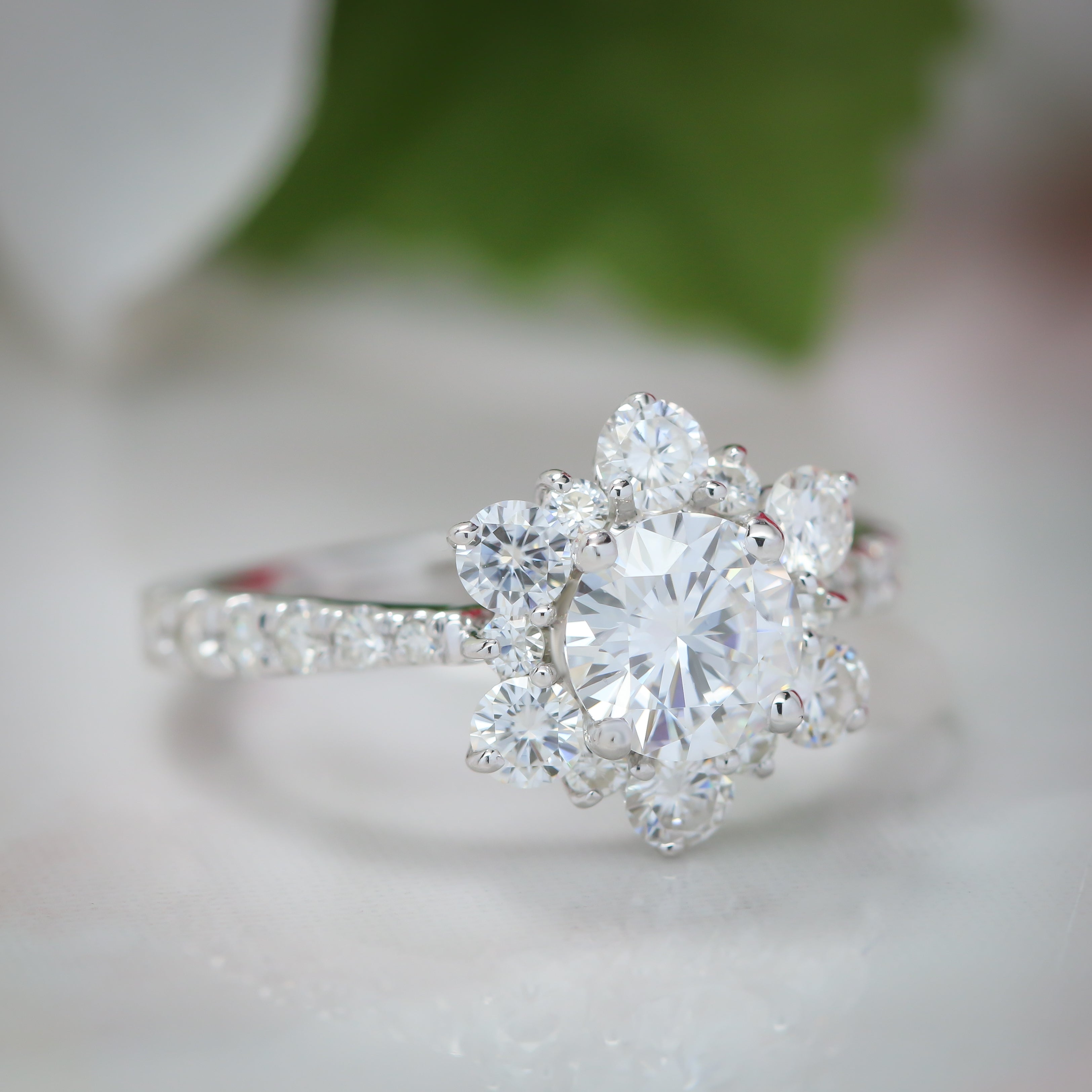 Snowflake Inspired Diamond Halo Moissanite Engagement Ring - Snowflake - Moissanite Rings