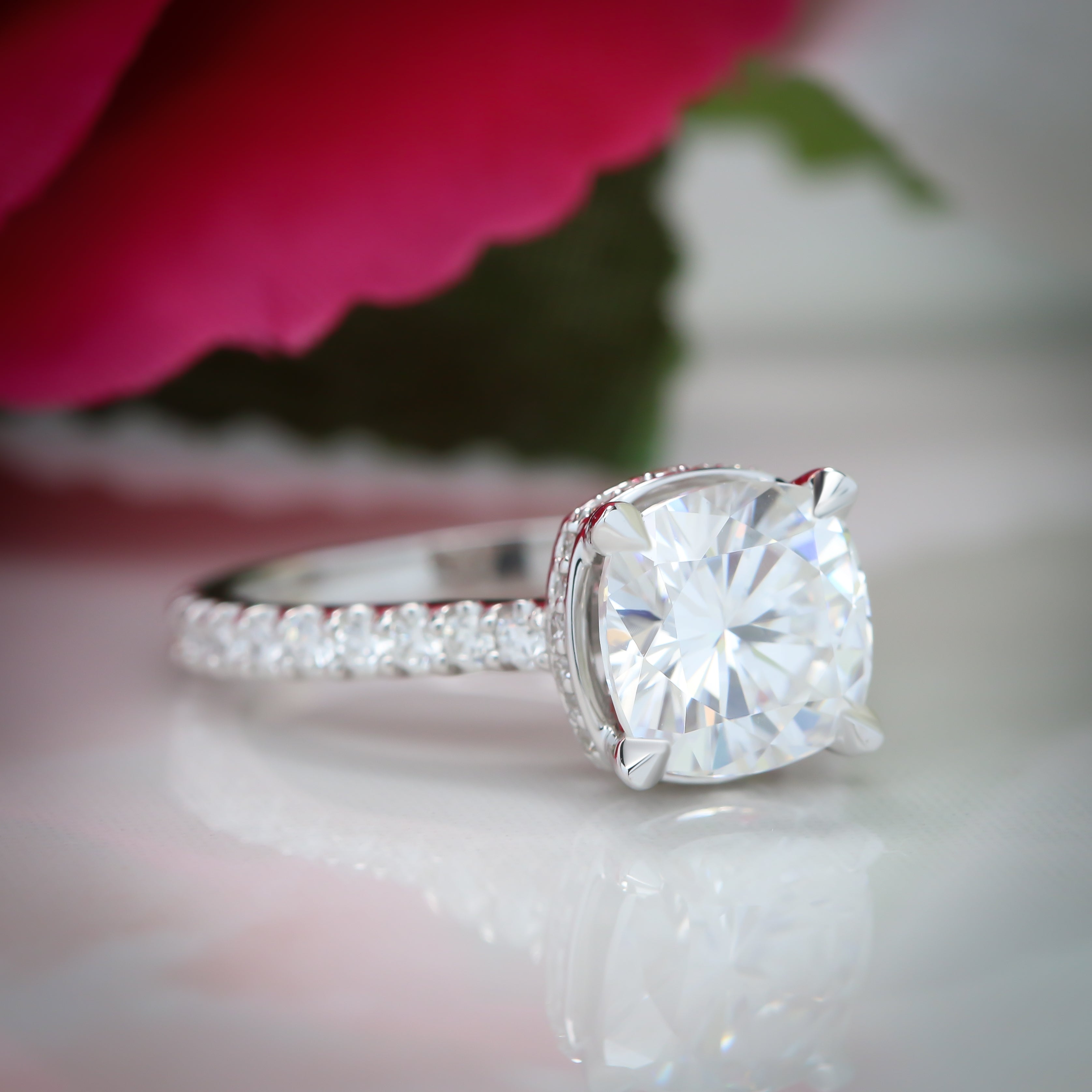 Cushion Cut Engagement Ring Forever One Moissanite Center - Blush - Moissanite Rings