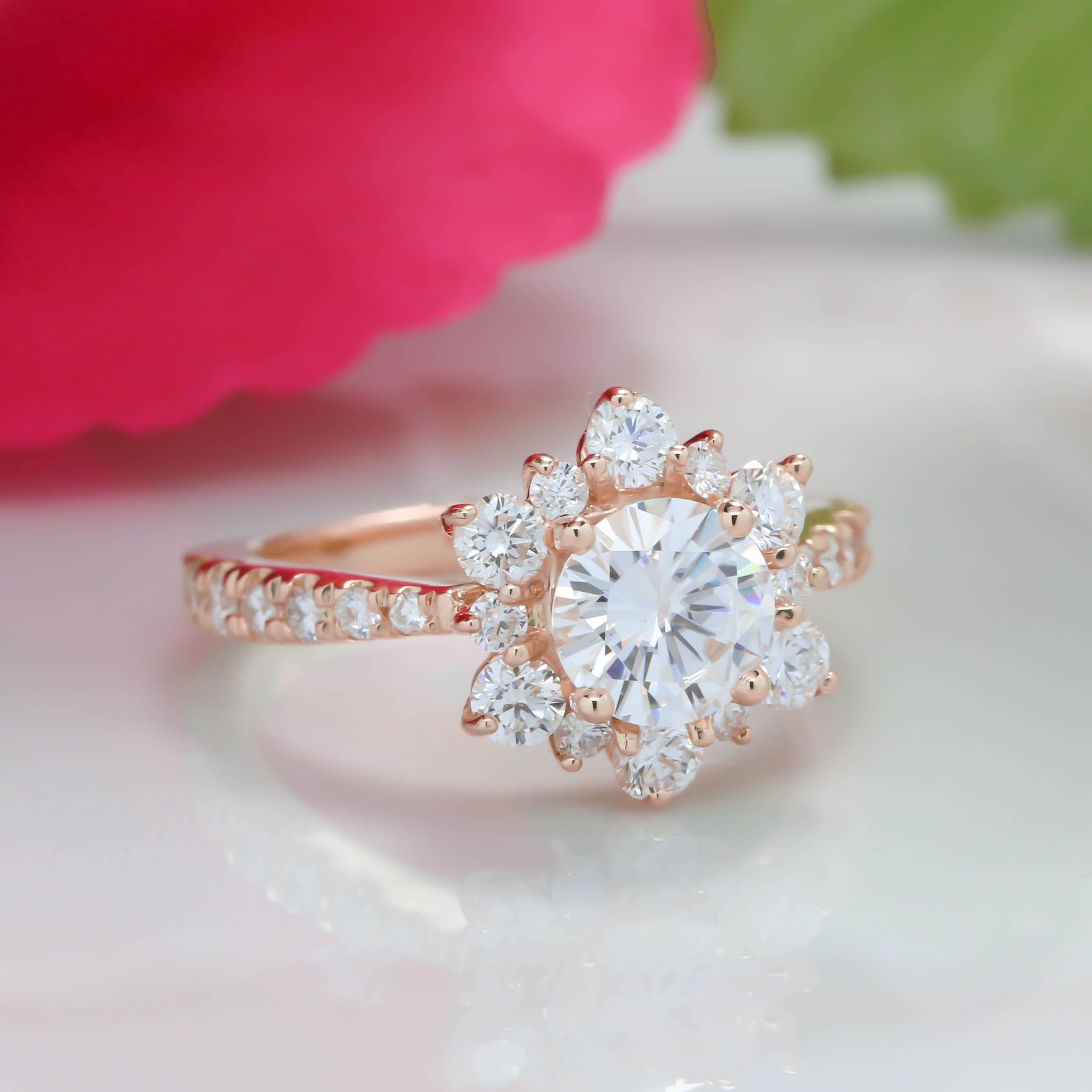 Snowflake Inspired Diamond Halo Moissanite Engagement Ring - Snowflake - Moissanite Rings