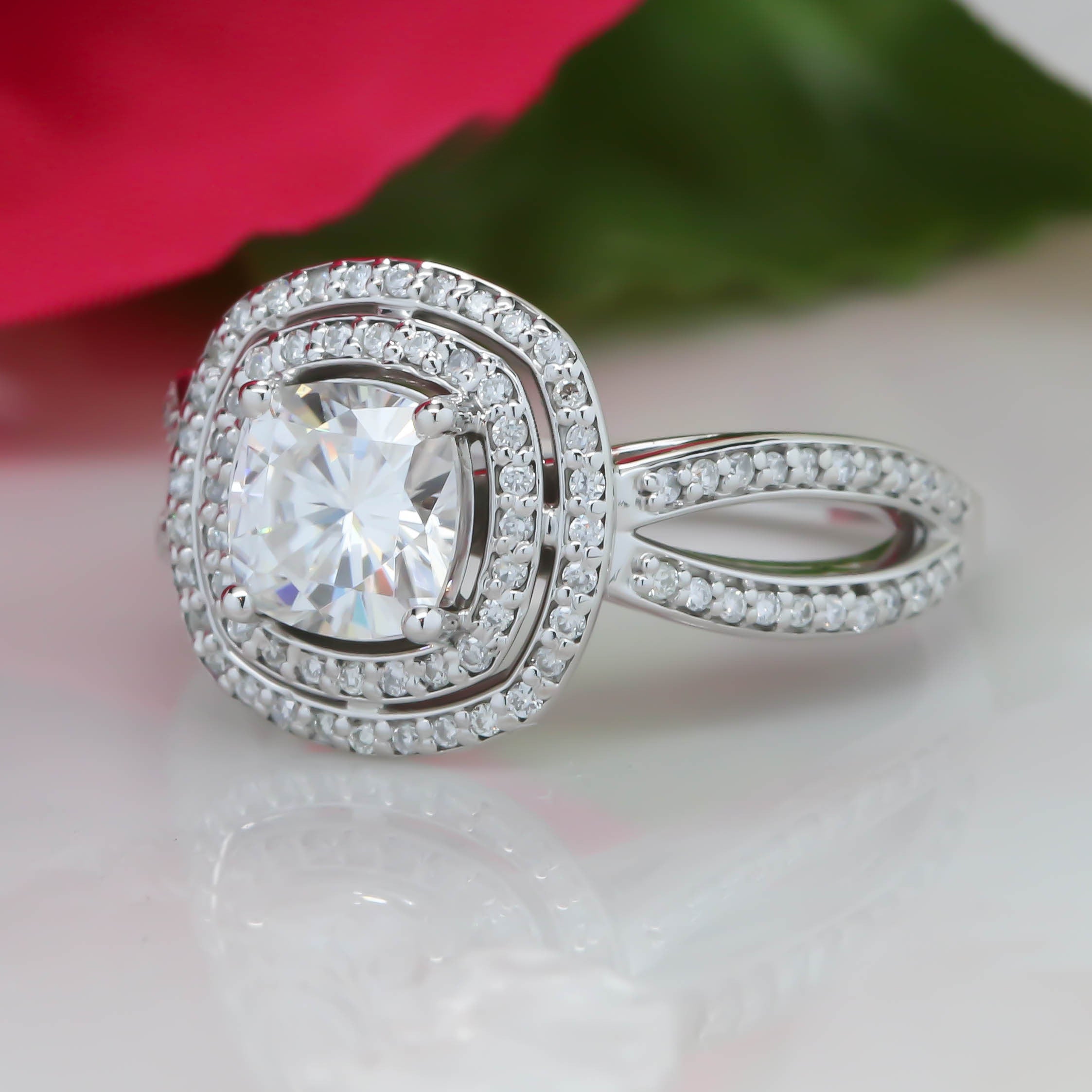 Cushion Cut Engagement Ring Double Halo Diamond Setting Moissanite Center - Julissa - Moissanite Rings